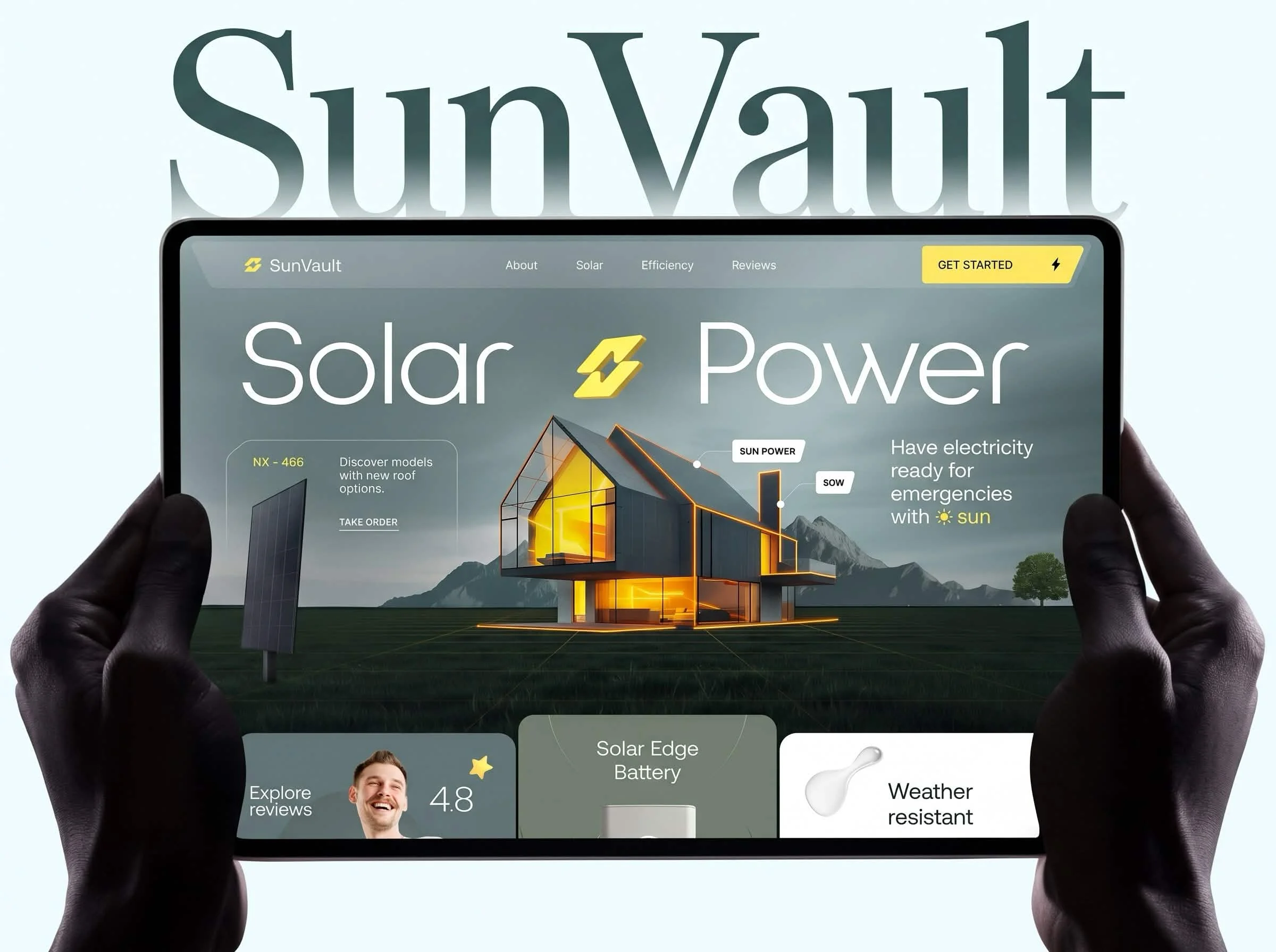 Conceito de site da SunVault com casa equipada com energia solar